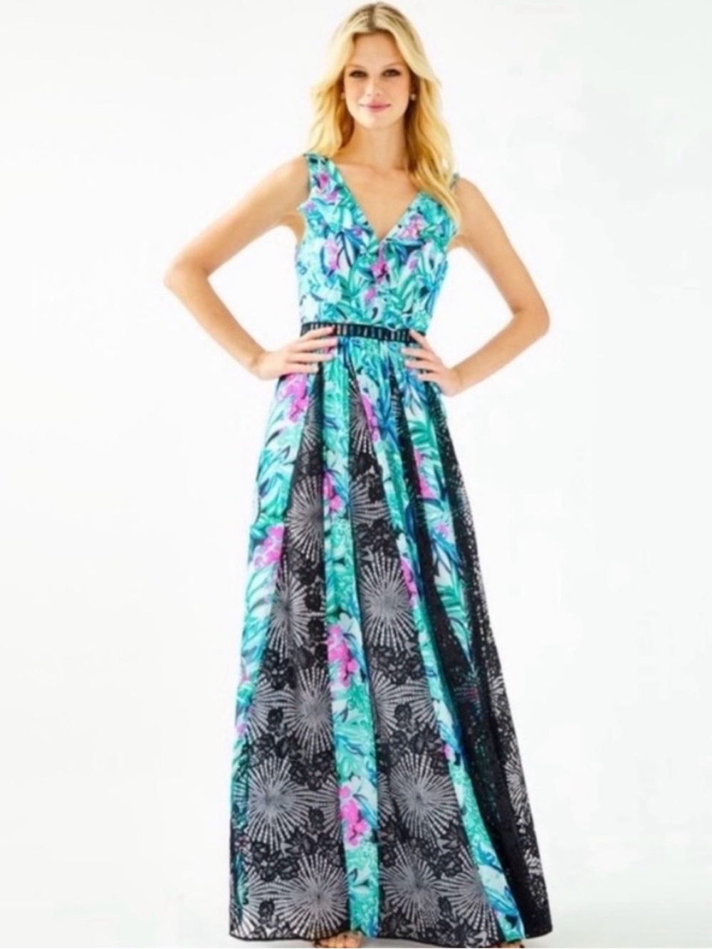 Lilly Pulitzer Janette Maldives V-Neck Maxi Dress with Black Lace Panels